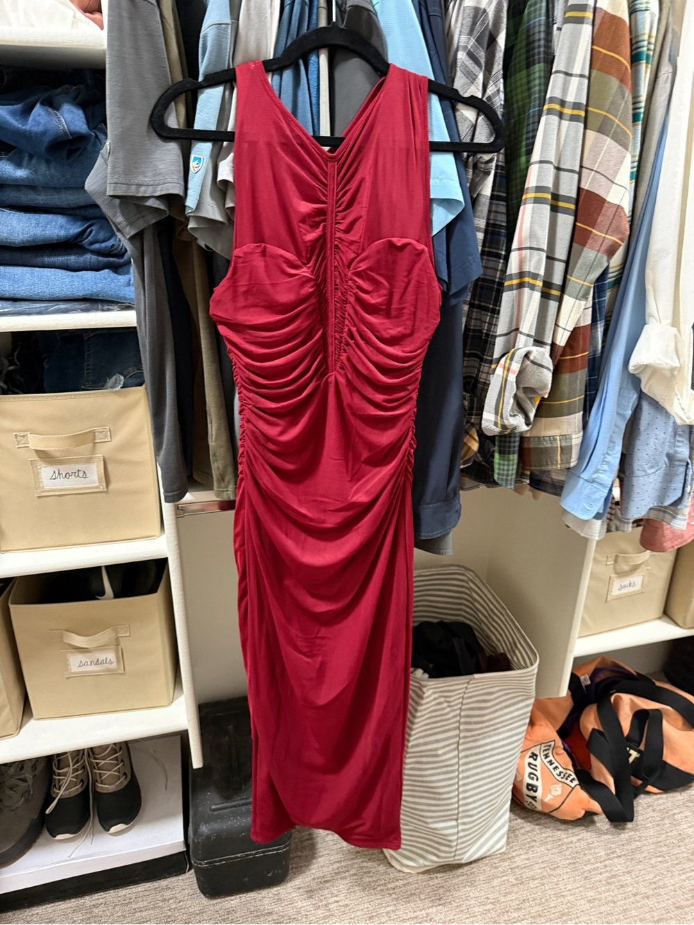 Sleeveless Ruched Midi Dress in Deep Red